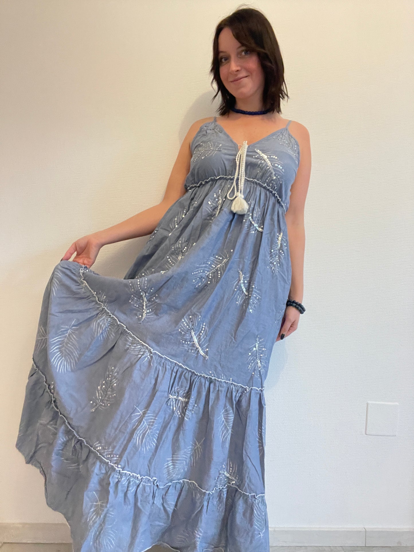 Robe longue BLUE PARTY - Style Jean Boho-Chic - Détails argentés