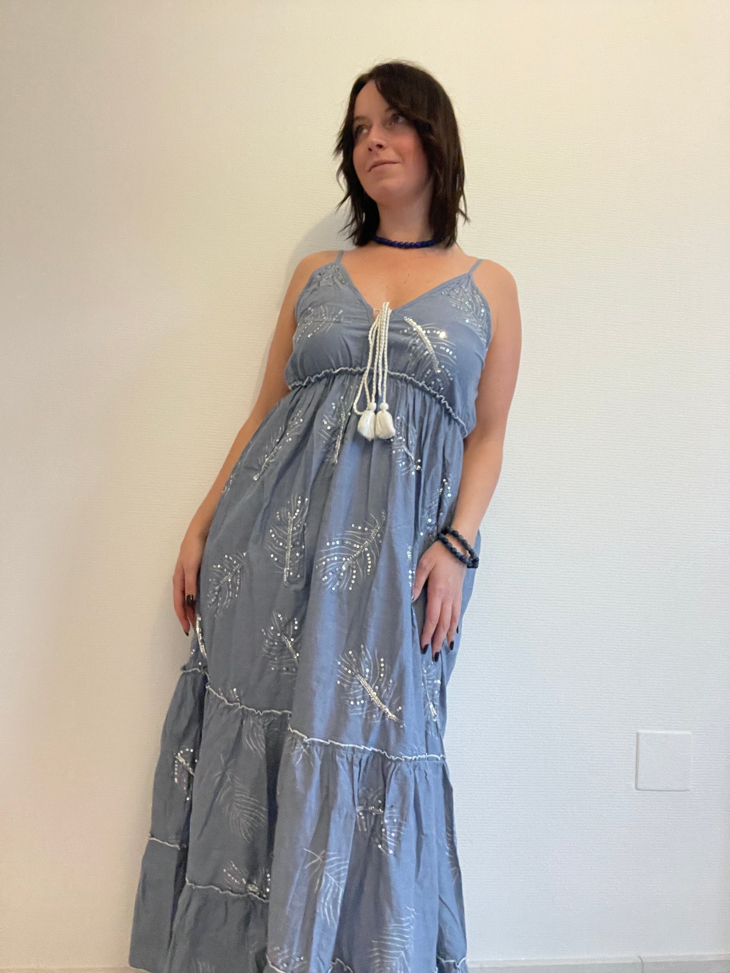 Robe longue BLUE PARTY - Style Jean Boho-Chic - Détails argentés
