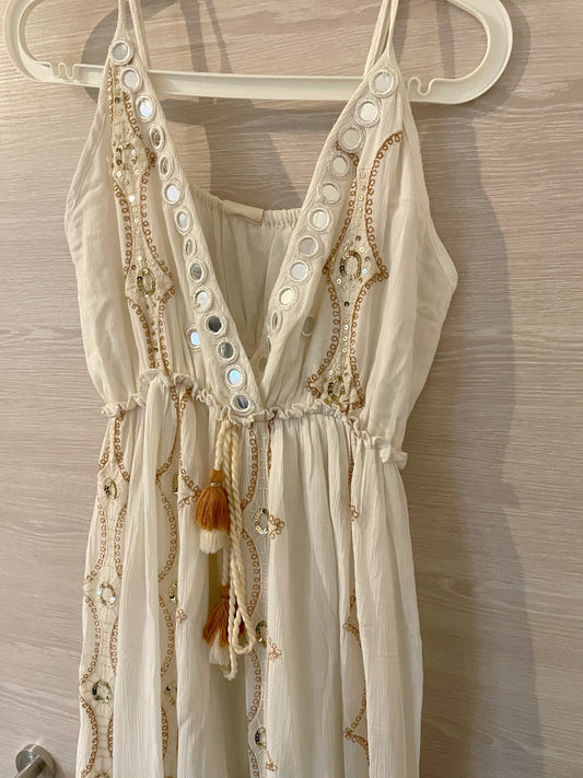 Robe longue GOLDEN PARTY- brodée d'or et d'éléments miroirs - Blanc écrue
