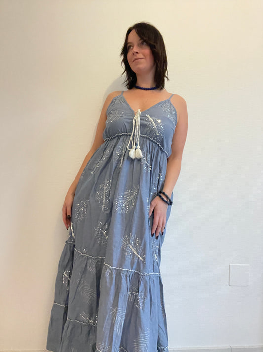Robe longue BLUE PARTY - Style Jean Boho-Chic - Détails argentés