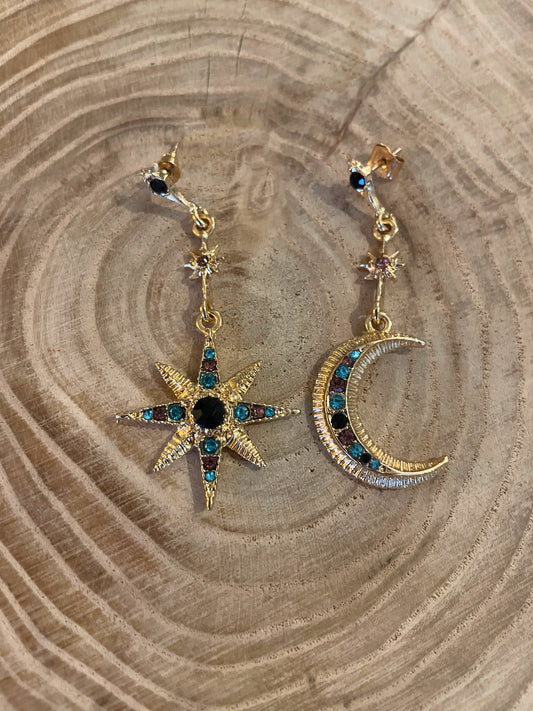 Boucles d'oreilles asymétriques étoile et lune STRASS - bleu/noir/doré